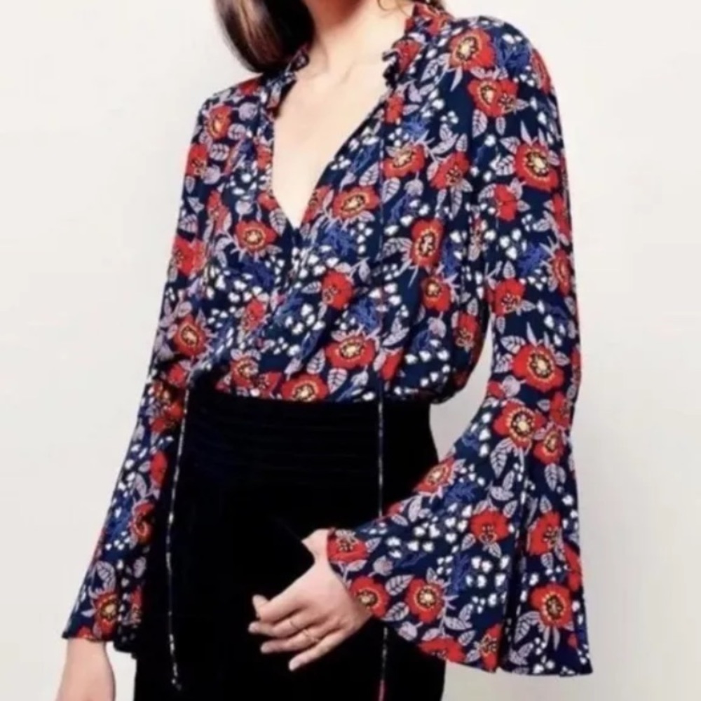 Free People Magic Mystery Tunic Blouse Blue Floral Bell Sleeve Boho XS